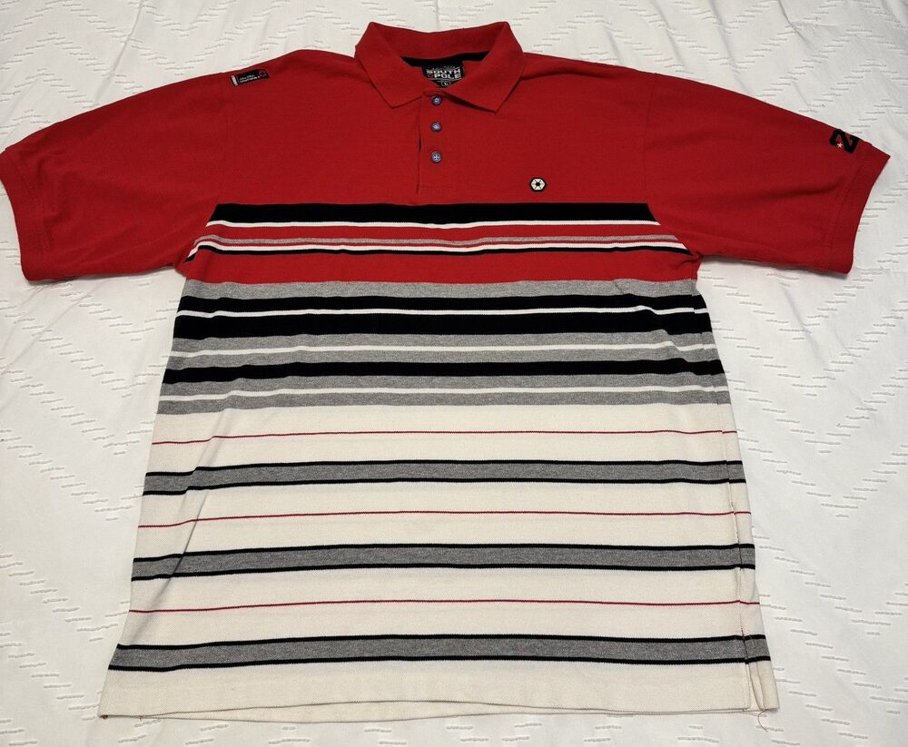 SouthPole Short Sleeve Polo Shirt Red Men's L Y2K Striped Streetwear Grunge